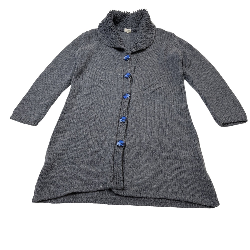 Oriana Cardigan Blue Heavy‎ Knit Wool Blend Long Sweater Size L Whale Buttons